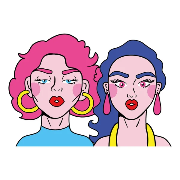 Hair colors girls couple fashion pop art style — Stock Vector