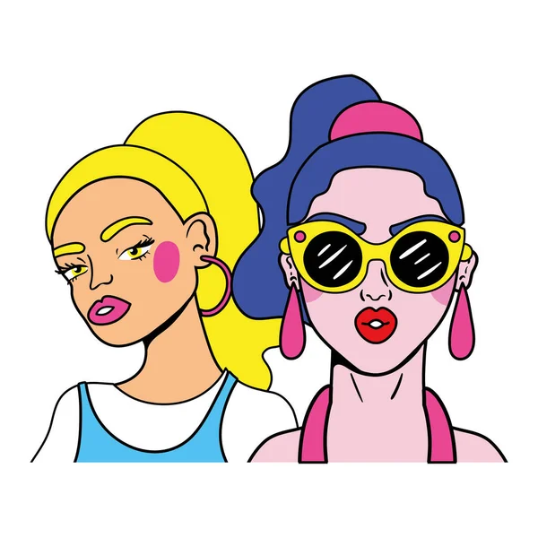 Purple hair woman and blond girl couple fashion pop art style — Stock Vector