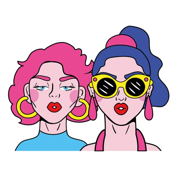 Hair colors girls couple fashion pop art style — Stock Vector