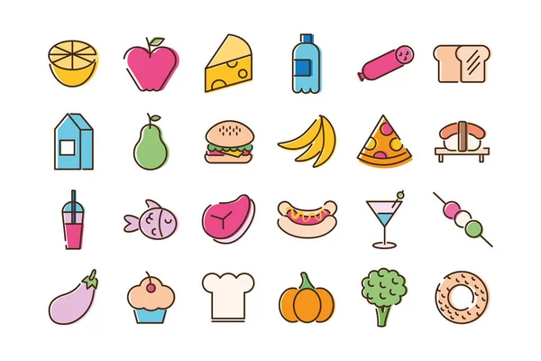 Paquet de vingt-quatre icônes ensemble de nourriture en fond bleu — Image vectorielle
