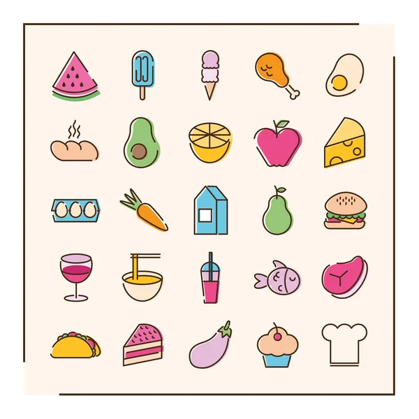 Svazek dvaceti pěti ikon sady potravin v zeleném pozadí — Stockový vektor