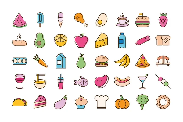 Paquete de cuarenta iconos de conjunto de alimentos en el fondo amarillo — Vector de stock