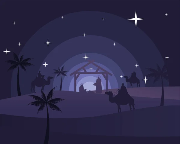 Happy merry christmas card with holy family in stable and magic kings in camels silhouette scene — Stock Vector