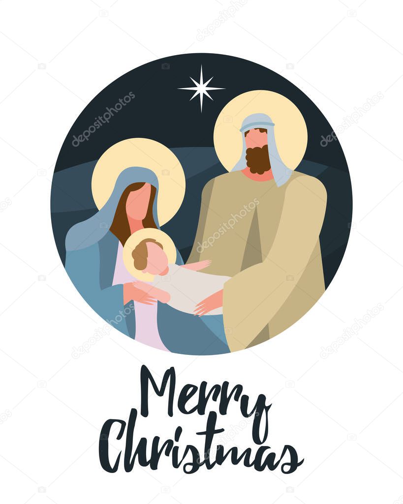 happy merry christmas lettering with holy family scene