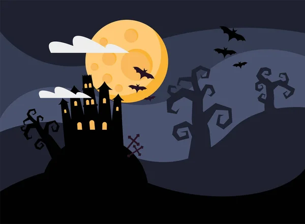 Gelukkig Halloween kaart met spookhuis kasteel 's nachts — Stockvector