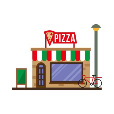 Küçük bir pizzacı binası sahnesi.