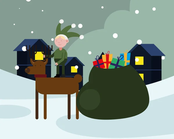 Noel Baba hediye çantasıyla Ren geyiği içinde bir elf. — Stok Vektör