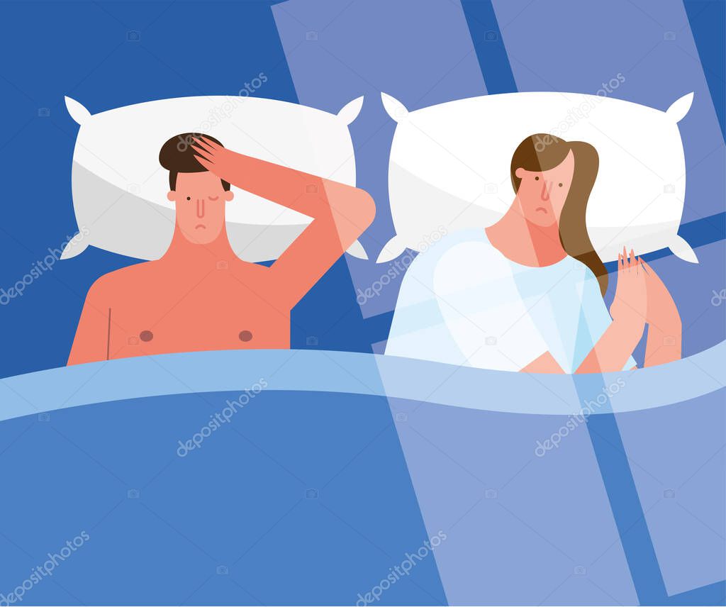 couple in bed thinking suffering from insomnia characters