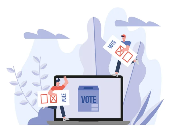 Grupa wyborców z kartami do głosowania i urną w laptopie — Wektor stockowy
