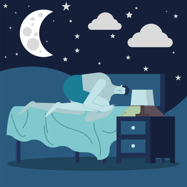 Man in bedroom night scene suffering from insomnia character — Stock Vector