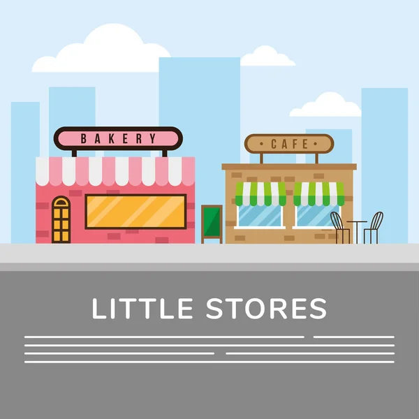 Panadería y café pequeñas tiendas edificios fachadas escena callejera — Vector de stock