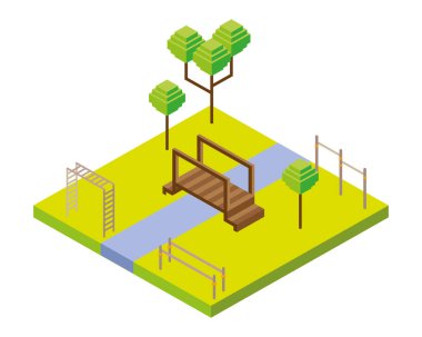 Köprü ve oyun alanı barları park sahnesi Isometric style simgesi