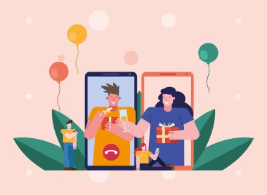 people opening gifts in smartphones characters scene clipart