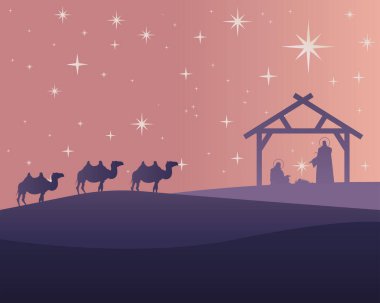 Kutsal aile ve develerle dolu mutlu noel kartları ve istikrarlı siluet sahneleri.