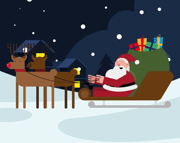 Santa claus avec sac cadeau en manche et renne personnage de Noël — Image vectorielle