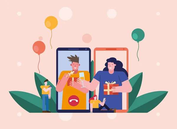 Gens ouvrant des cadeaux dans les smartphones personnages scène — Image vectorielle