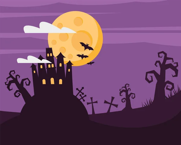 Feliz tarjeta de Halloween con castillo encantado y la luna — Archivo Imágenes Vectoriales