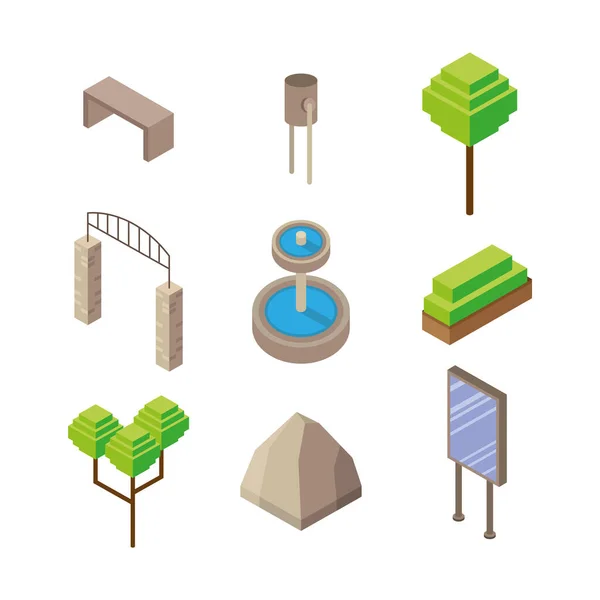 Paquete de nueve iconos de estilo isométrico parque — Vector de stock