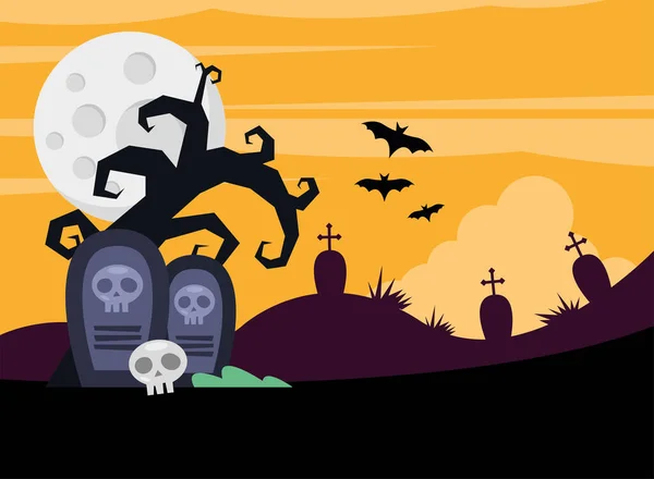Gelukkig Halloween kaart met vleermuizen vliegen in begraafplaats — Stockvector