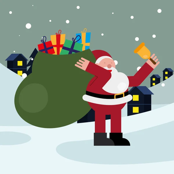 Santa Claus con campana y bolsa de regalos carácter de Navidad — Vector de stock