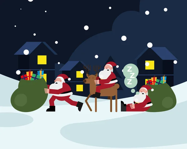 トナカイとギフトバッグのクリスマスキャラクターを持つサンタクロース — ストックベクタ