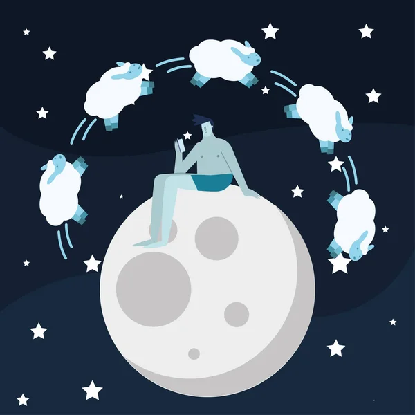 Mann sitzt im Mond und zählt Schafe, die an Schlaflosigkeit leiden — Stockvektor