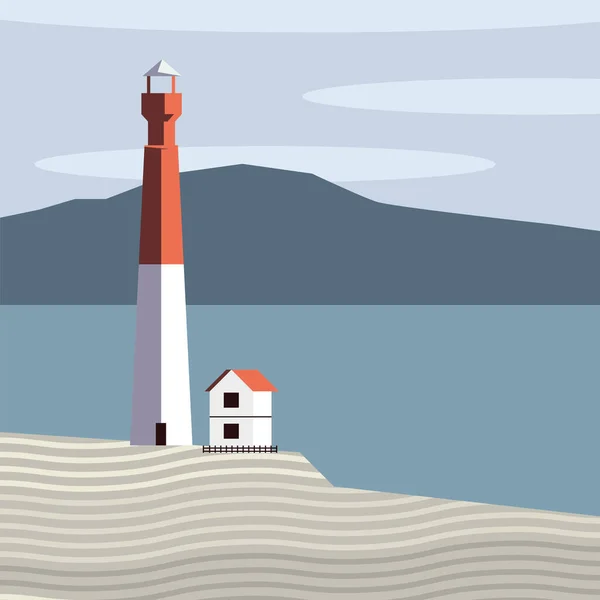 Красивая морская сцена с домом и маяком — стоковый вектор
