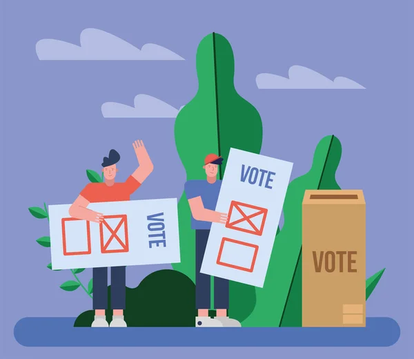 Grupa wyborców z kartami do głosowania w urnie — Wektor stockowy