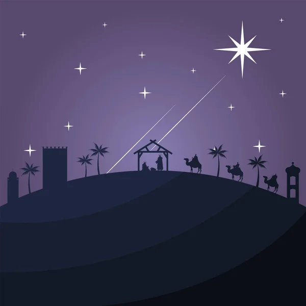 Feliz tarjeta de Navidad feliz con la sagrada familia en estable y reyes mágicos en silueta de camellos — Vector de stock