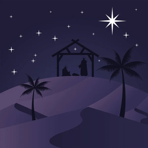 Joyeuse carte de noël avec sainte famille dans une silhouette stable — Image vectorielle