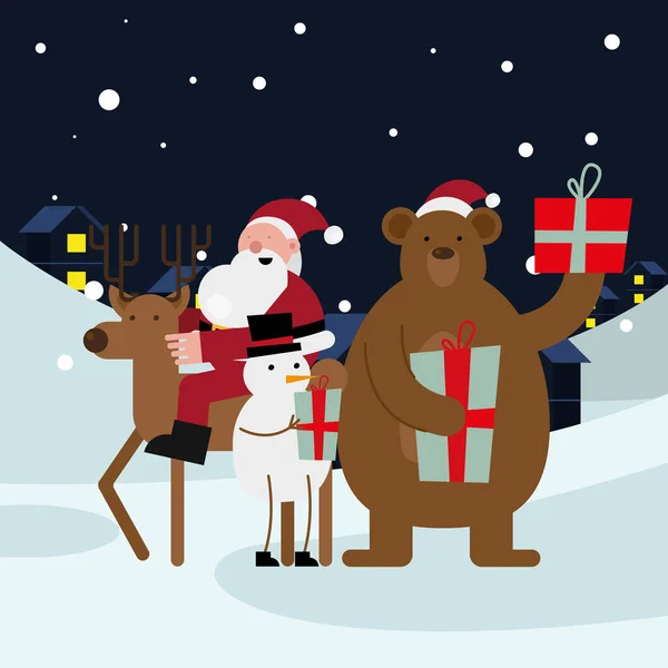 Santa claus en reinder con muñeco de nieve y personajes de Navidad oso — Archivo Imágenes Vectoriales