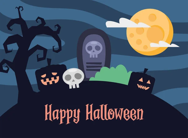 Feliz cartão de lettering halloween com abóboras na cena da noite —  Vetores de Stock