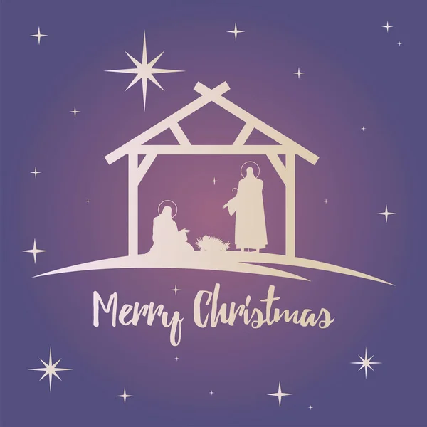 Glad god jul bokstäver med helig familj i stabil silhuett — Stock vektor