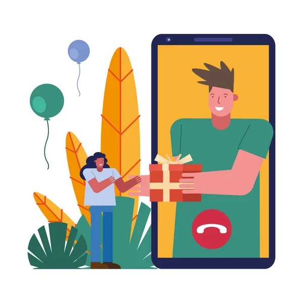 Couple ouverture cadeaux dans smartphone personnages scène — Image vectorielle