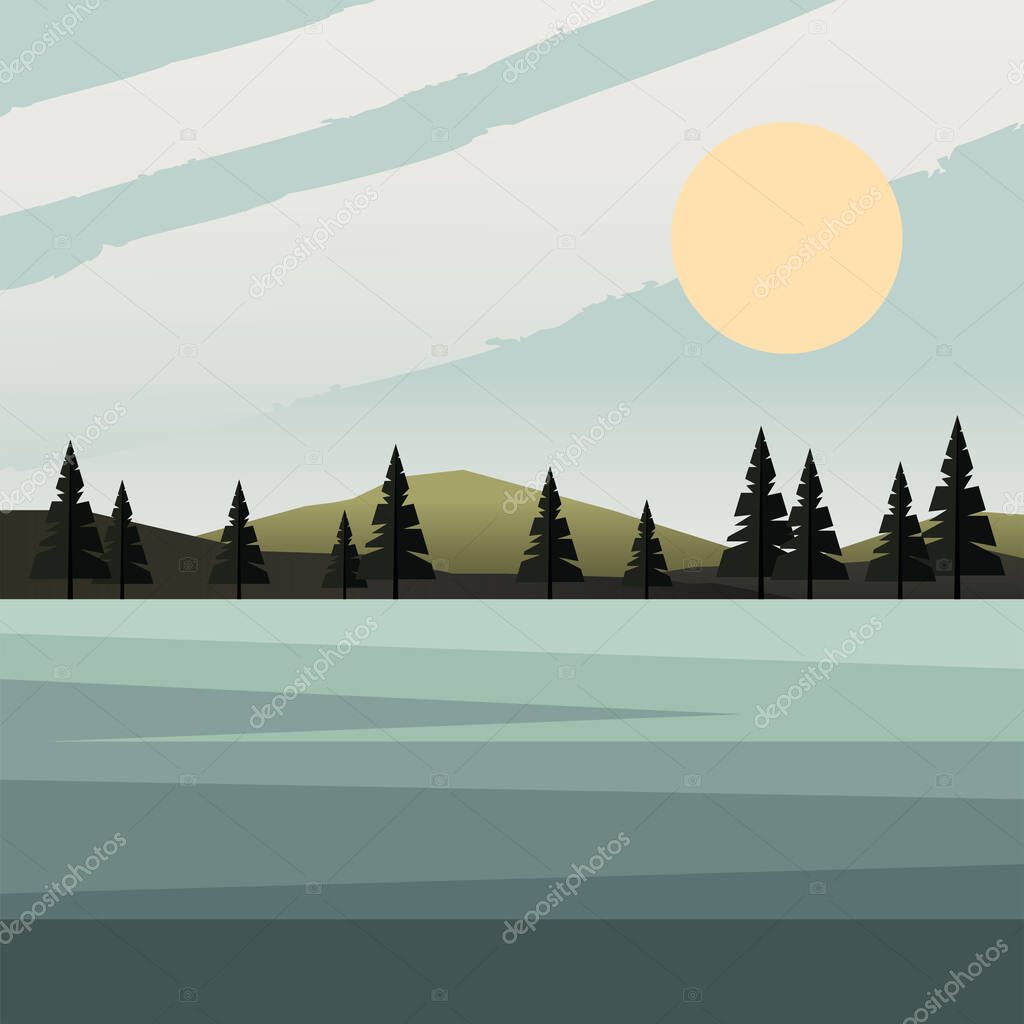beautiful landcape scene with sunny forest and lake