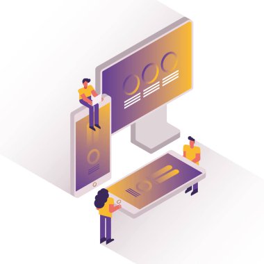 masaüstü ve akıllı telefonları olan insanlar ve grafikler