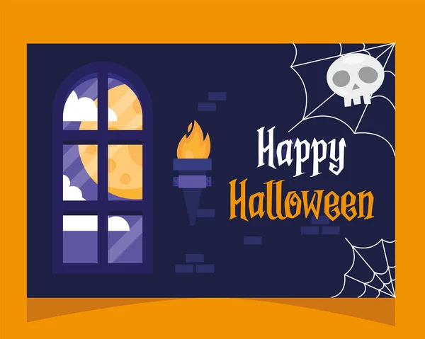 Felice carta lettering di Halloween con teschio in spidernet — Vettoriale Stock