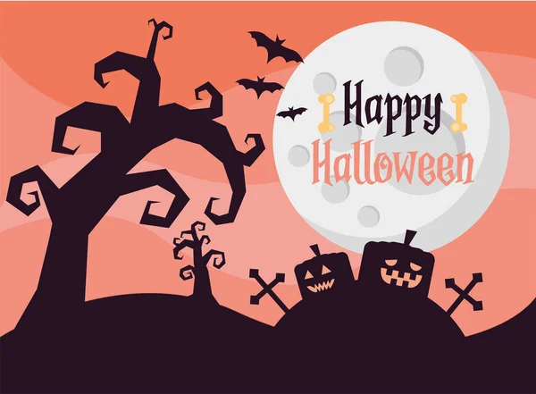 Gelukkig Halloween belettering kaart met pompoenen op het kerkhof 's nachts scene — Stockvector