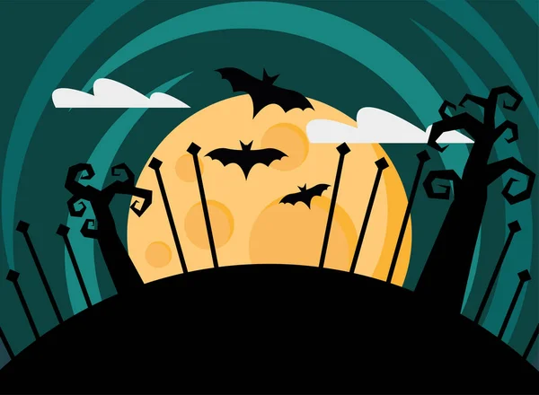 Feliz tarjeta de Halloween con murciélagos volando por la noche escena — Archivo Imágenes Vectoriales