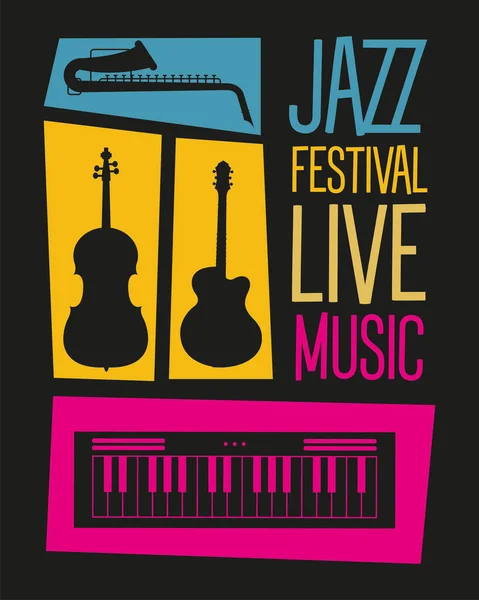 Cartaz do festival de jazz com instrumentos e letras —  Vetores de Stock