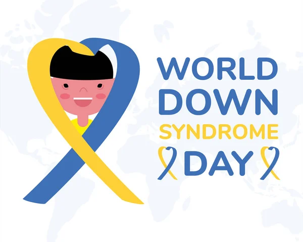 World down sindrome day campaign poster with little boy and ribbon — Stock Vector