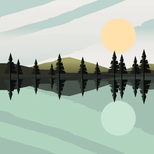 Hermosa escena de paisaje con bosque y lago — Vector de stock