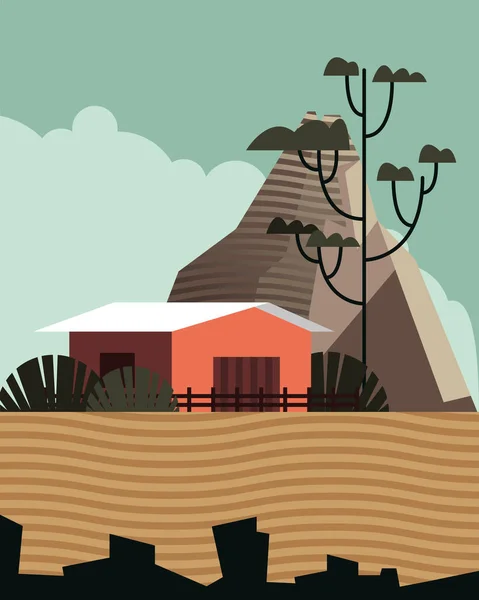 Belle scène de paysage avec écurie et montagne — Image vectorielle