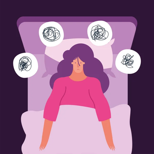 Жінка в ліжку мислення в проблемах, що страждають від безсоння характер — стоковий вектор