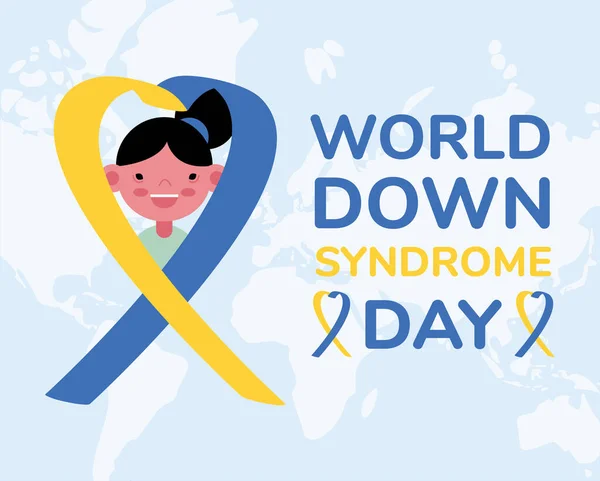 World down sindrome day campaign poster with little girl in ribbon — Stock Vector