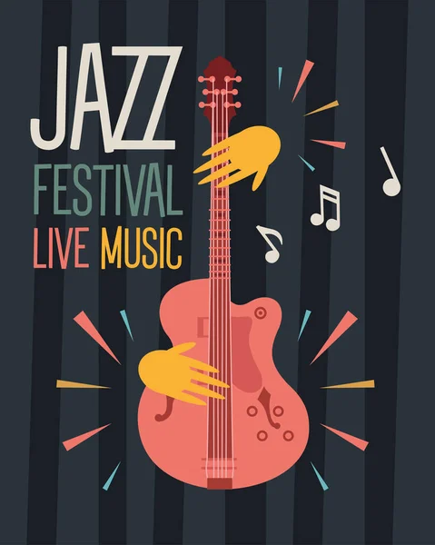 Постер джазового фестиваля с руками, играющими на гитаре — стоковый вектор