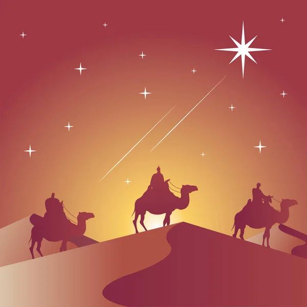 Happy merry christmas card with magic kings in camels silhouette scene — Stock Vector