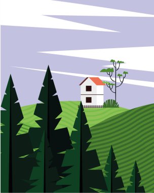 Kozalaklı orman ve evle güzel bir manzara.