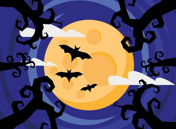 Happy halloween card with trees and bats at night — Stock Vector