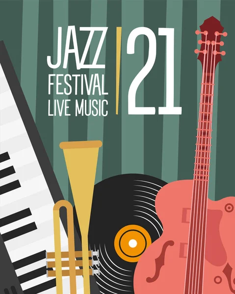Cartel del festival de jazz con guitarra e instrumentos — Vector de stock